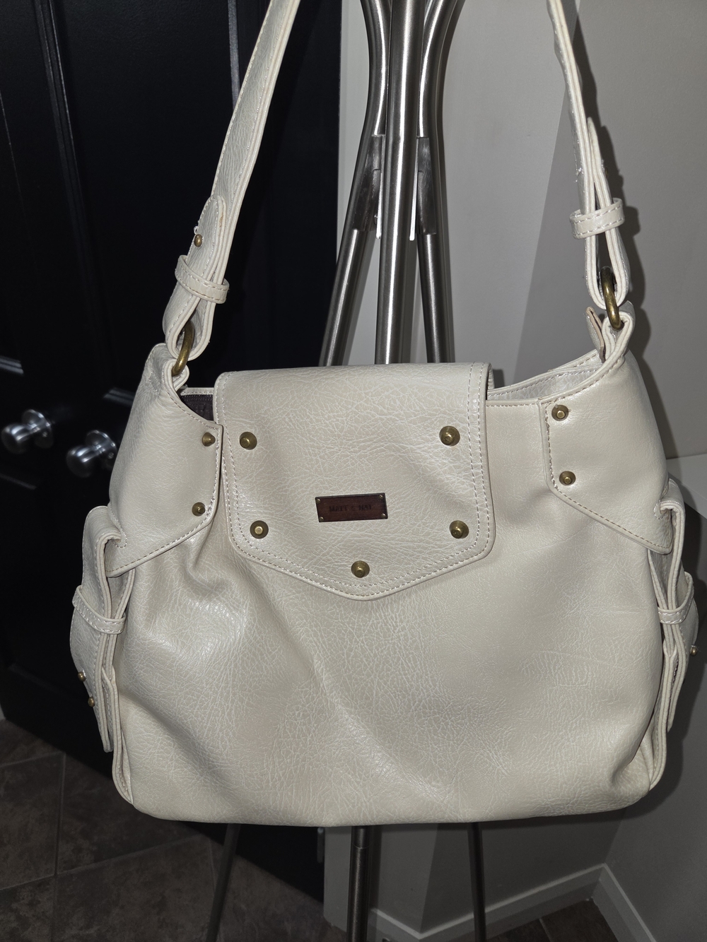 Matt & Nat Cream Shoulder Bag with Brass Studs